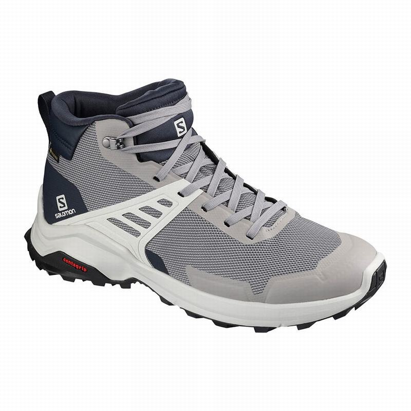 Salomon Singapore Mens Hiking Shoes - X RAISE MID GORE-TEX Grey/Navy | 37416-HKZM